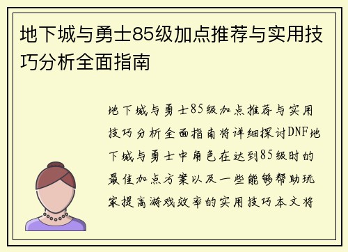 地下城与勇士85级加点推荐与实用技巧分析全面指南
