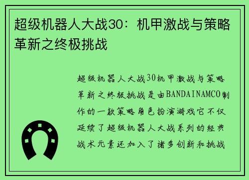 超级机器人大战30：机甲激战与策略革新之终极挑战