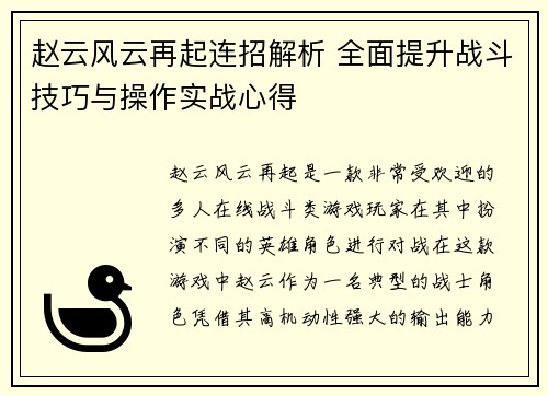 赵云风云再起连招解析 全面提升战斗技巧与操作实战心得